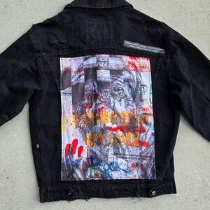 KLEEP Black Distressed Graphic Denim Statement Jacket Mens size S